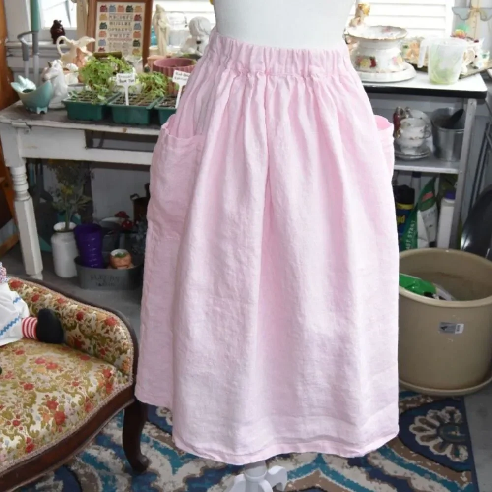 Y2K Does 50s Pink Linen Button Front Midi Skirt Pockets Cottagecore Size S